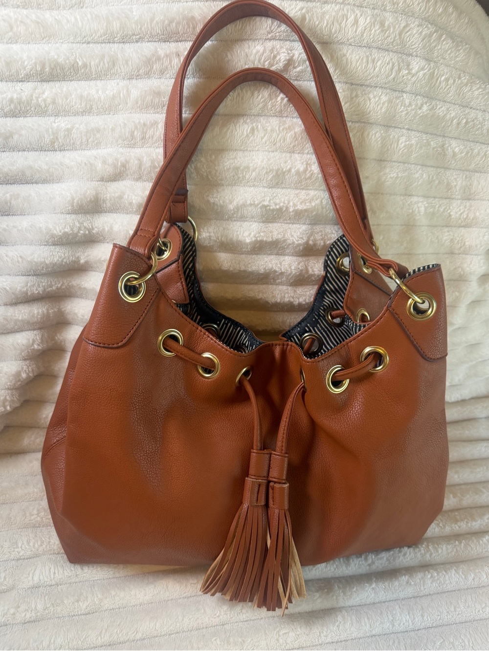 Unbranded Cognac Faux Leather Drawstring Bucket Shoulder Bag Tassel Large